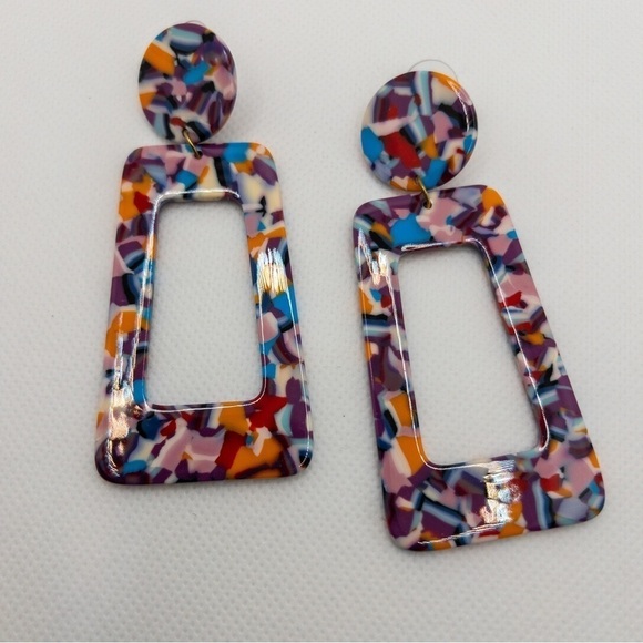 Rainbow Acrylic Trapezoidal Dangle Earrings - Picture 6 of 8